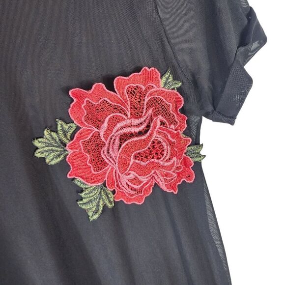 I JOAH Sheer Mesh Black long Red Flower tunic mini dress - Picture 2 of 5